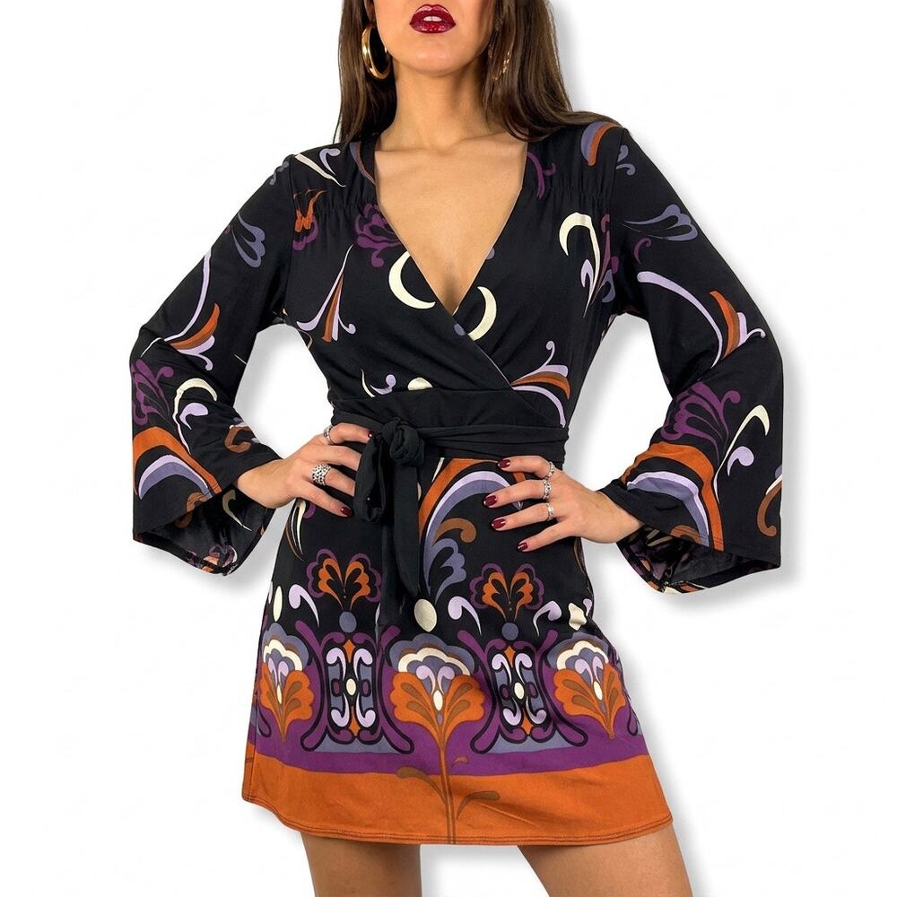 Vintage Y2K Psychedelic Bell Sleeve Wrap Mini Dress by COCOMO